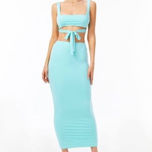 2Pcs Set Maxi Bodycon Skirt & Wrap Around Cut Out Under-Boob Top in Aqua